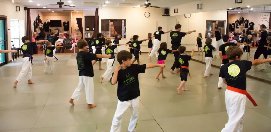 young students practicing martial arts techniques together