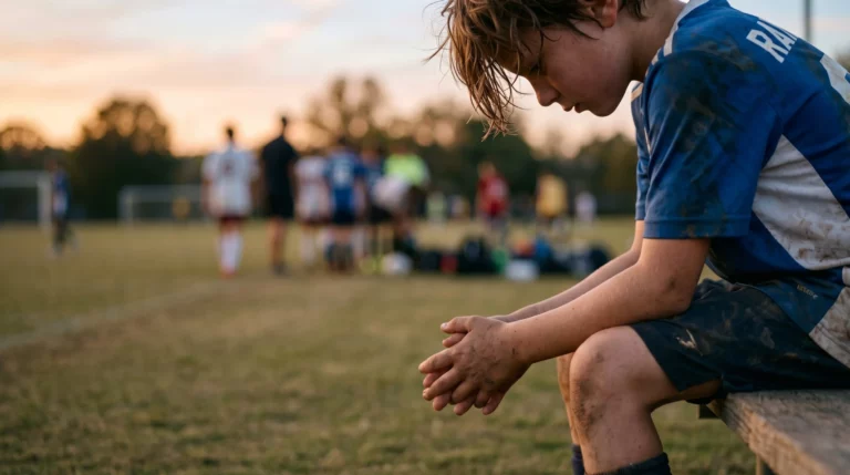 Child sitting alone after sports game looking disappointed, showing how kids handle failure and build emotional resilience