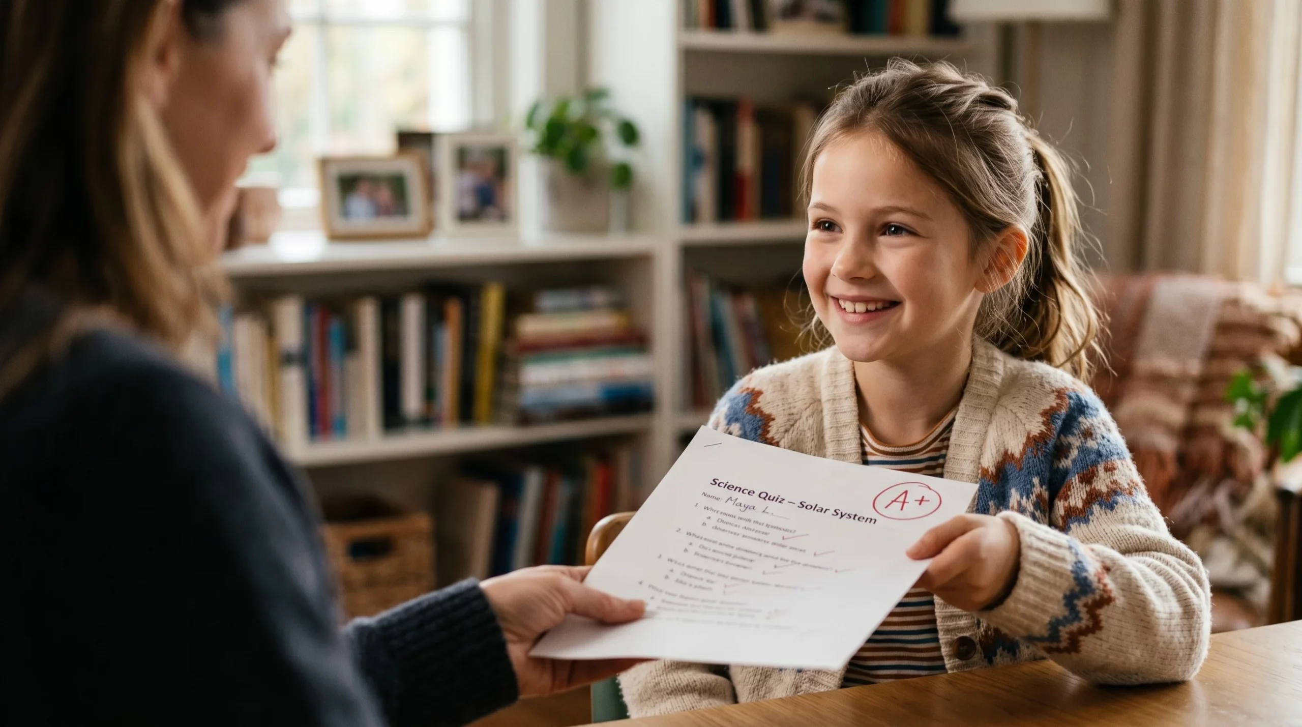 Happy child showing A+ test result to parent, demonstrating improved focus and confidence in learning