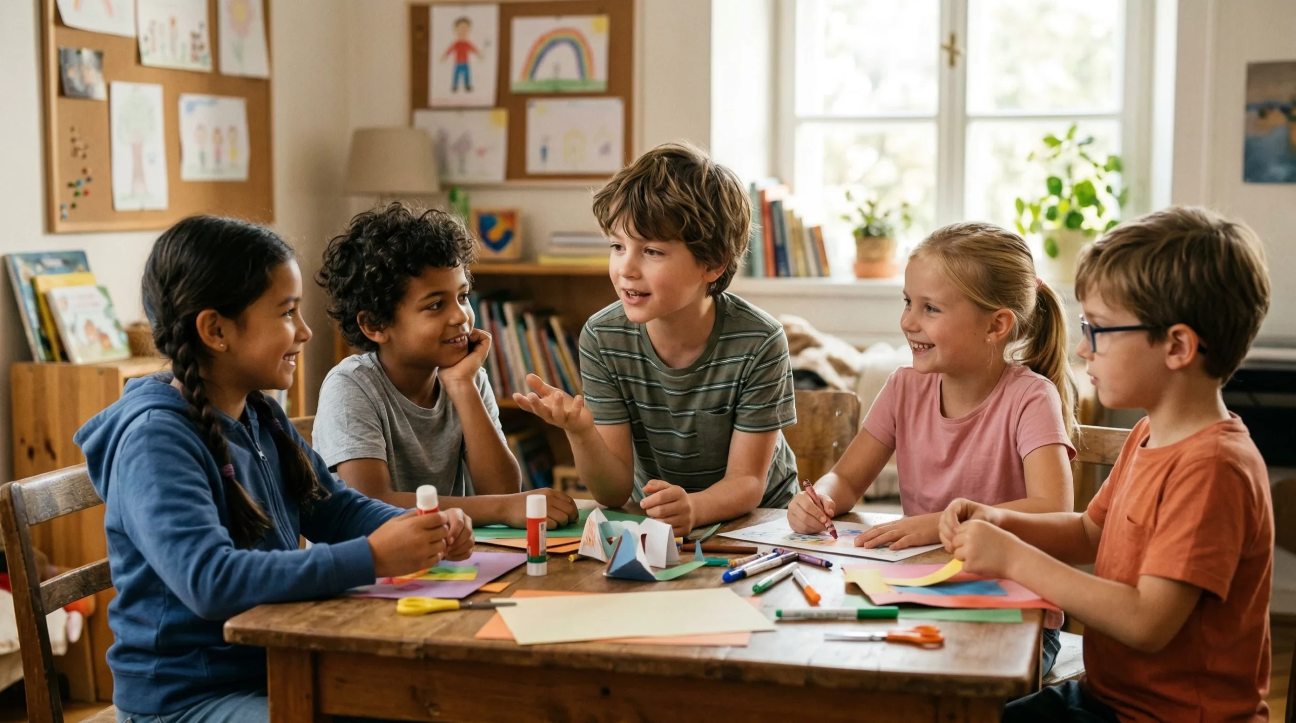 Children building communication, creativity, and teamwork skills in a group learning environment