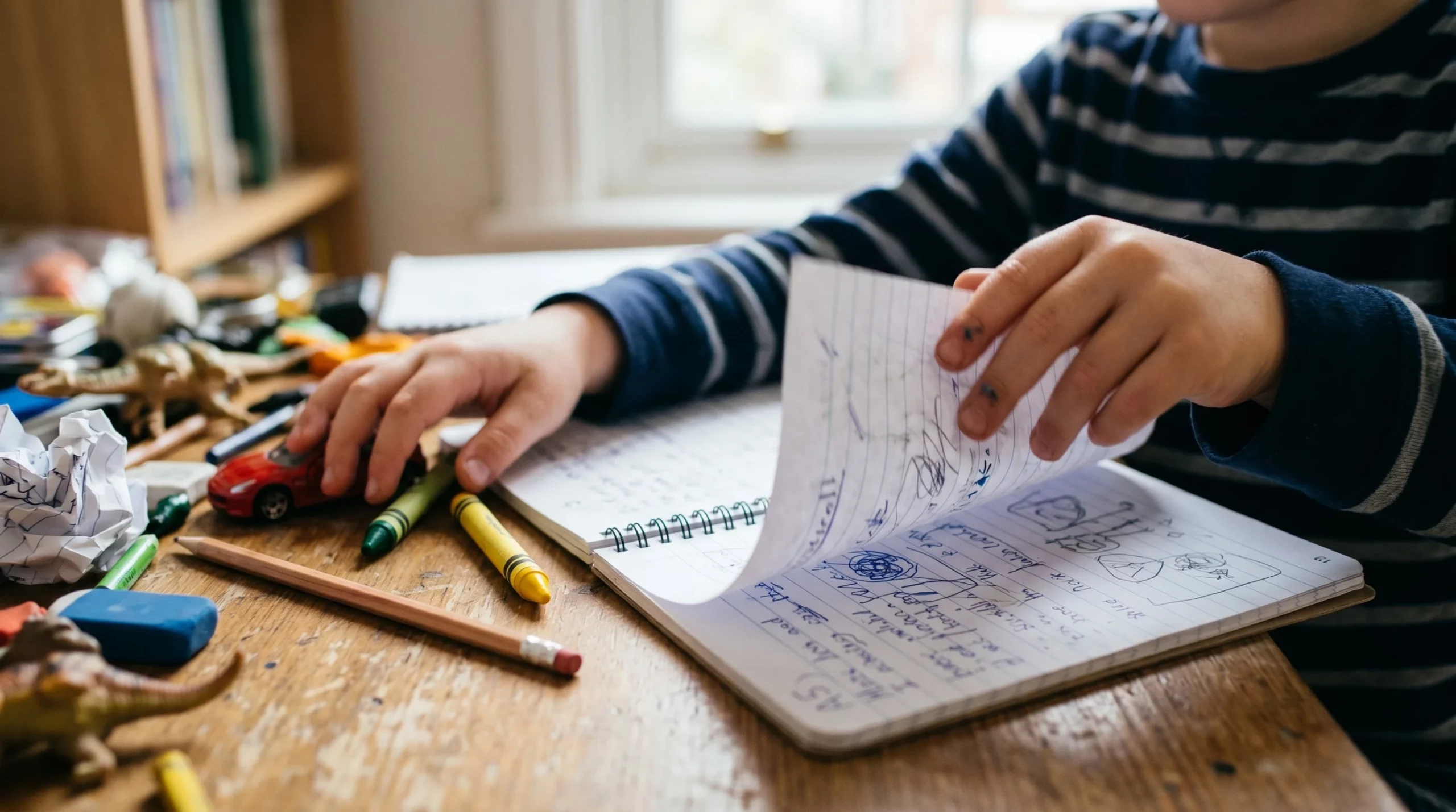 Child scribbling in notebook and losing attention during learning activity, illustrating why kids struggle with focus