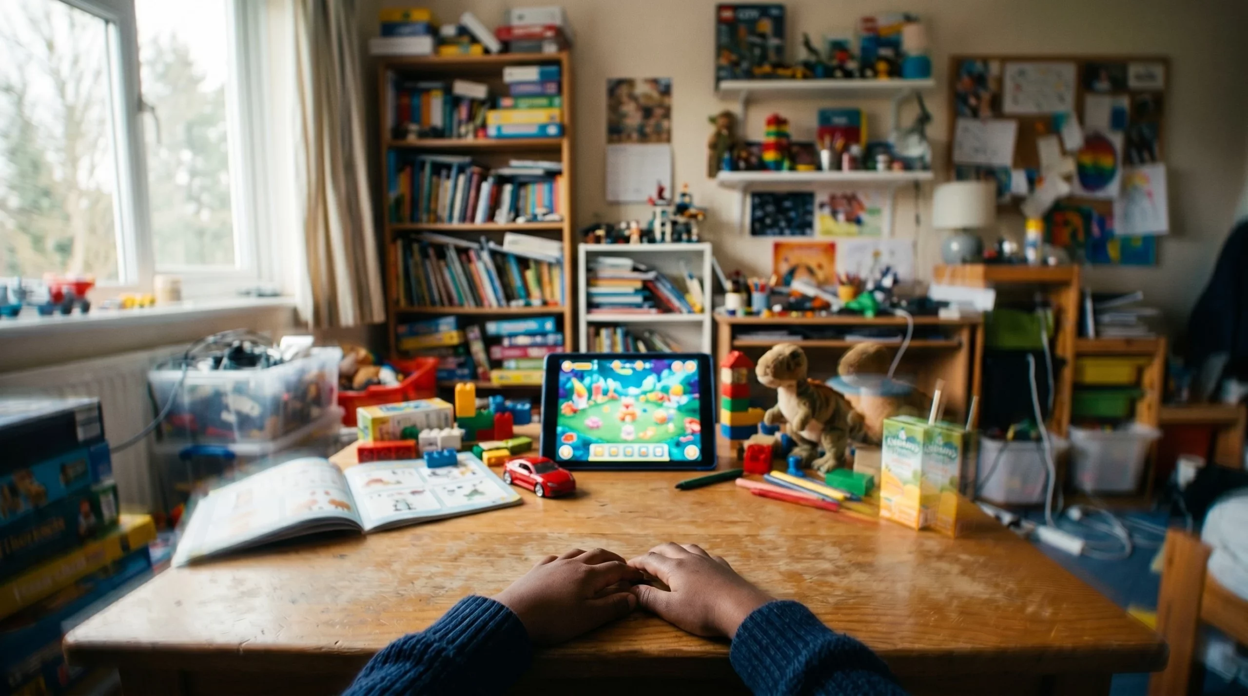 Child distracted by toys and tablet during study time, showing common signs of lack of focus in kids