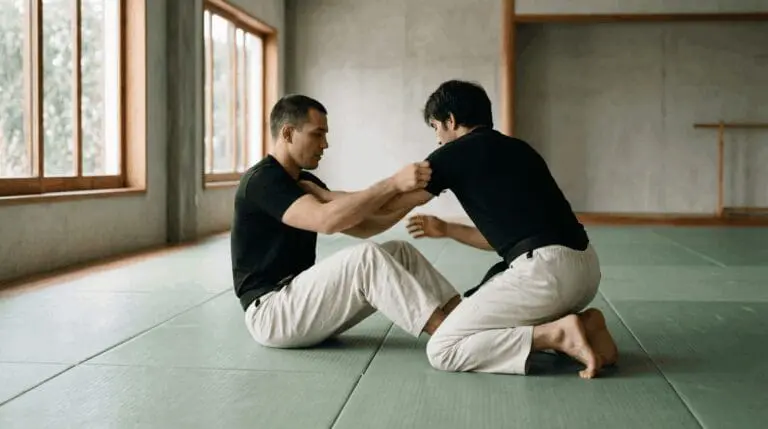 Brazilian Jiu-Jitsu student practicing calm self-defense techniques inspired by samurai martial arts and Systema training