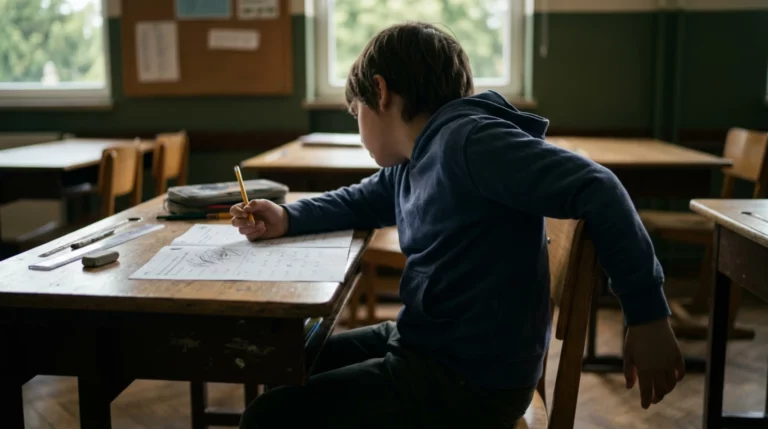 Child sitting withdrawn at school desk, showing emotional shutdown and early signs of the puddle state in kids