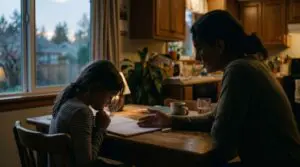 Parent supporting a frustrated child with patience and curiosity instead of criticism during a difficult emotional moment