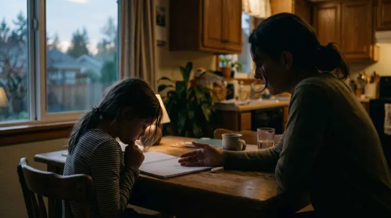 Parent supporting a frustrated child with patience and curiosity instead of criticism during a difficult emotional moment