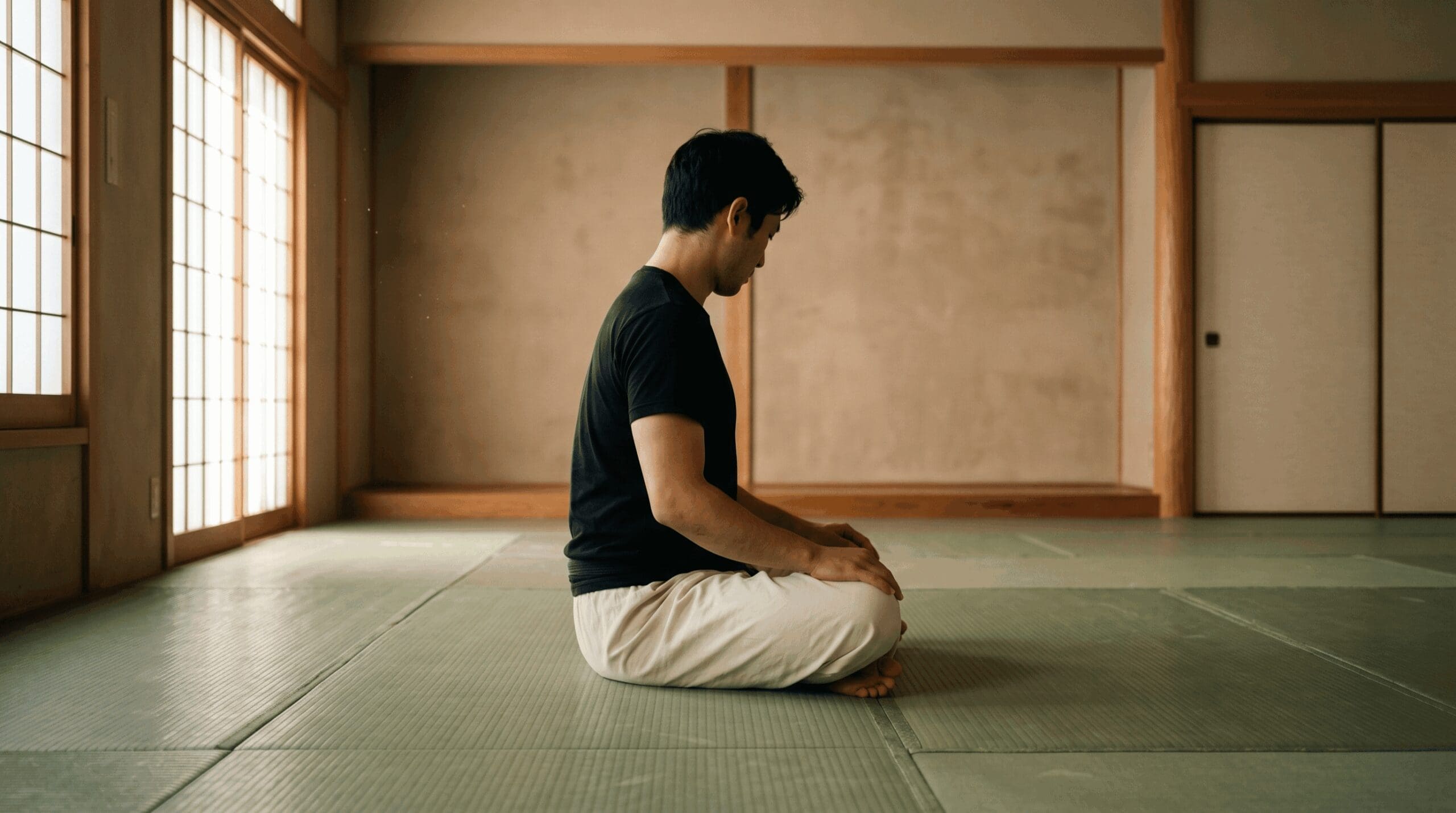 Martial artist seated in quiet meditation reflecting the samurai roots of Brazilian Jiu-Jitsu and martial arts discipline