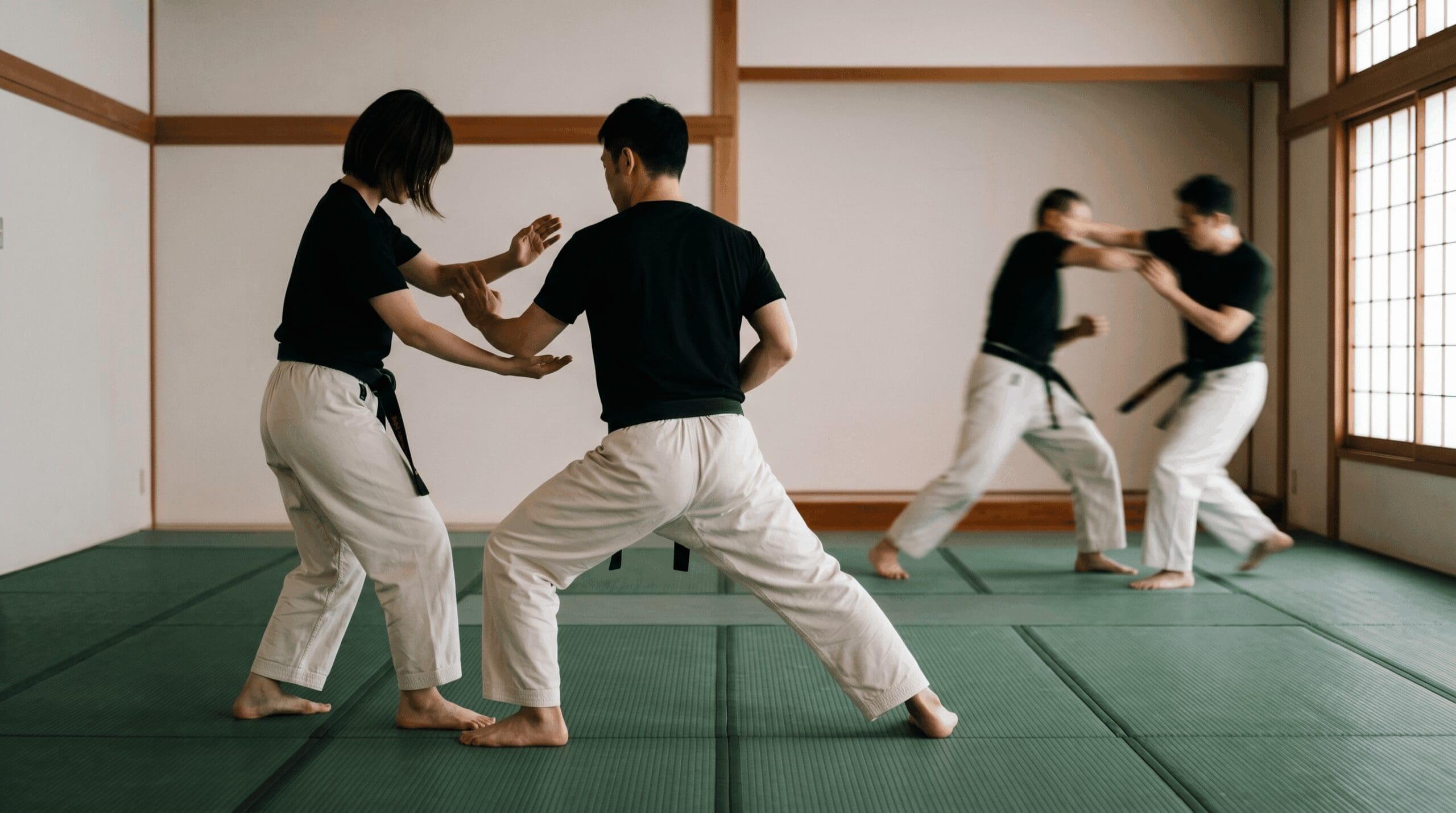 Brazilian Jiu-Jitsu students sparring in a dojo during modern BJJ sport training and self-defense practice