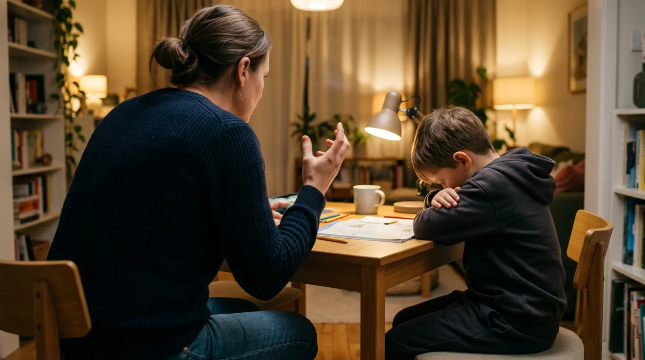 Parent talking to child who has shut down at table, showing common reactions that can overwhelm kids during emotional shutdown