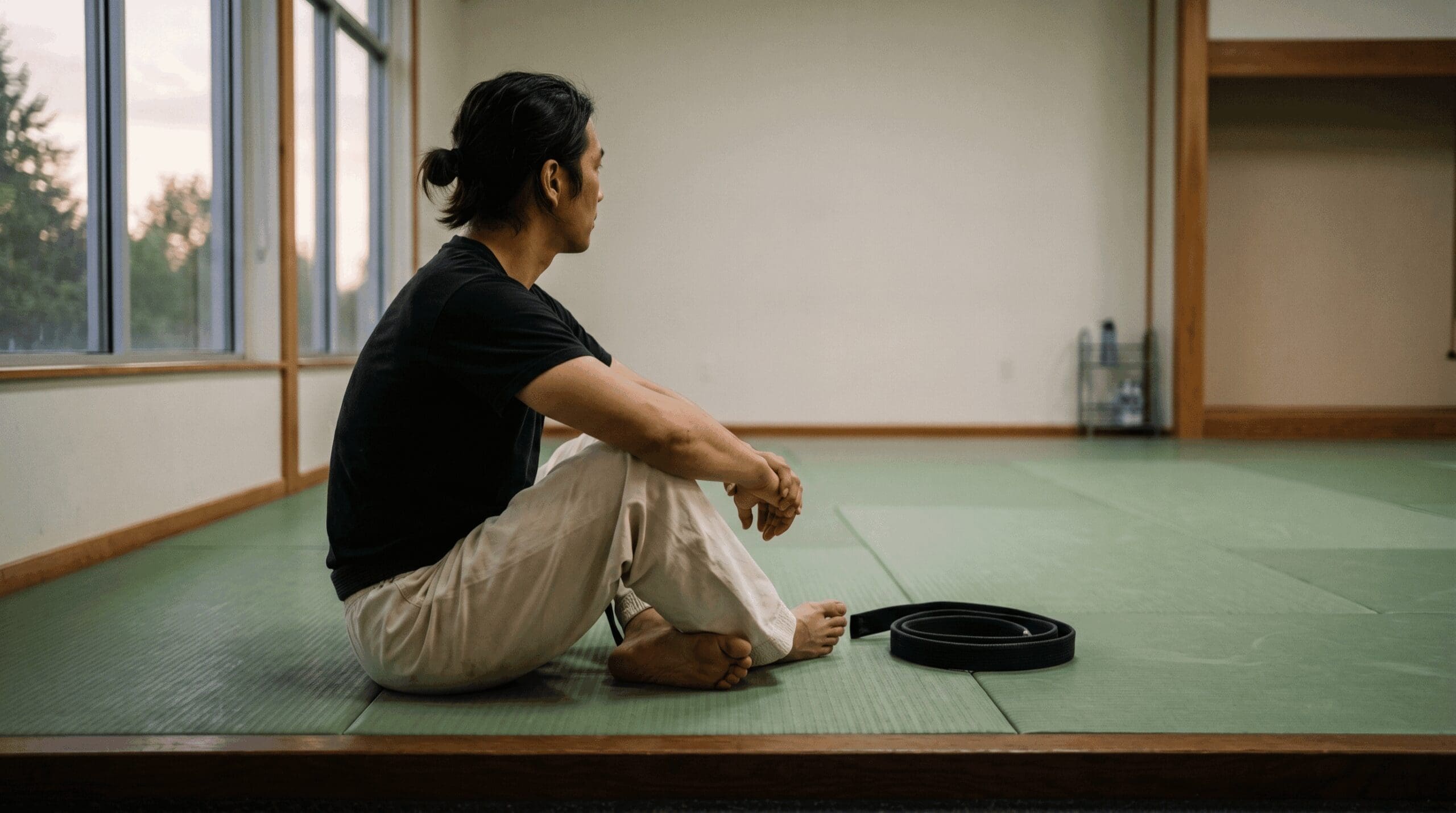 Martial artist sitting alone in a dojo reflecting on Brazilian Jiu-Jitsu for personal growth, discipline, and resilience