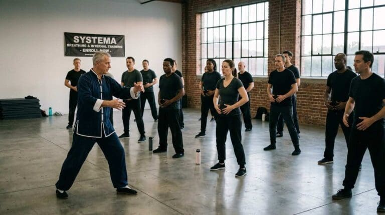 students being taught by a teacher how to breathe in a systema breathing class