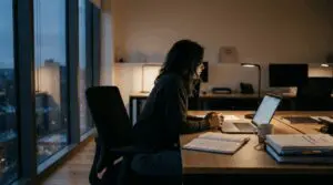 Person working quietly at a desk reflecting on personal growth and building lasting self-confidence from within.