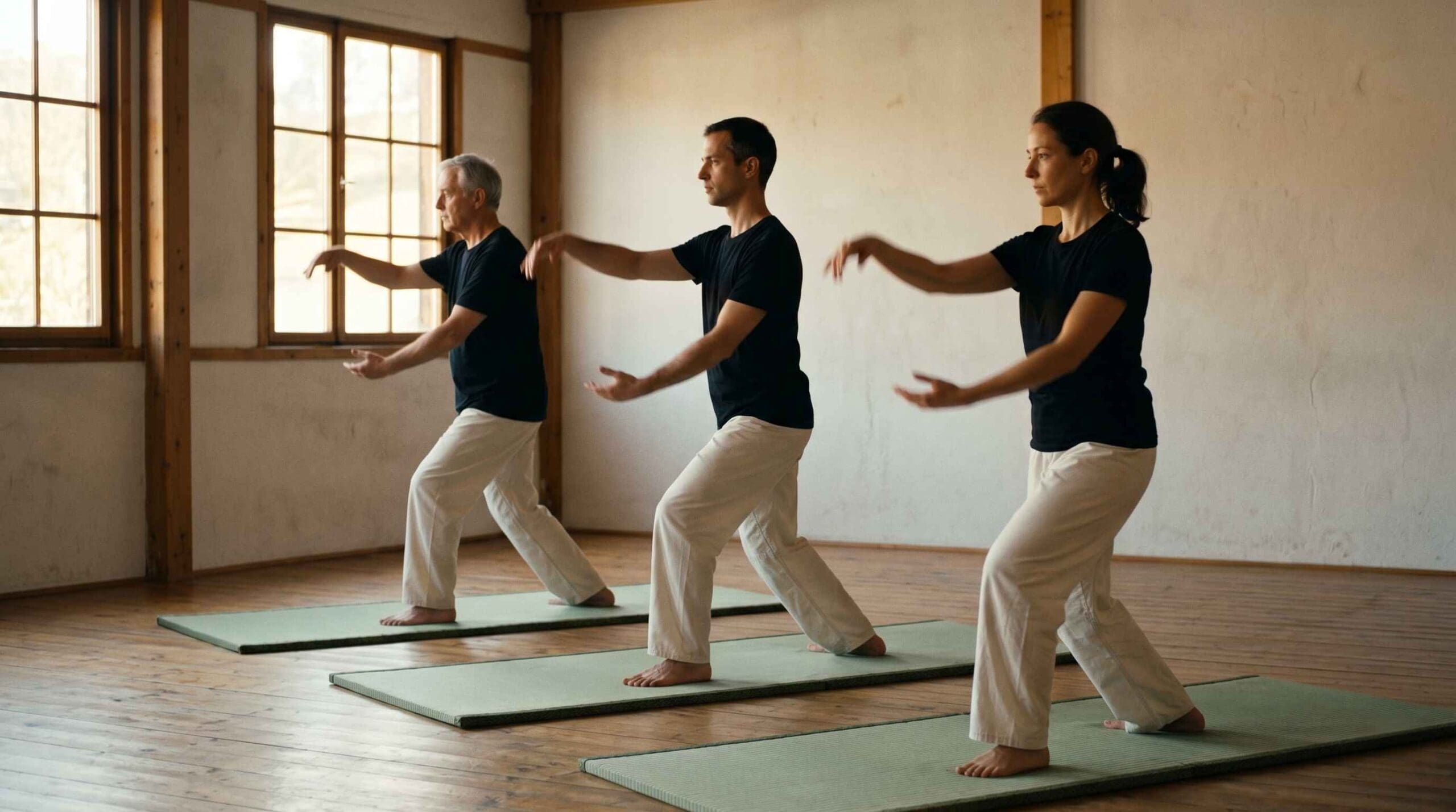 Group of adults practicing Tai Chi for beginners, developing balance, coordination, relaxation, and healthy movement foundations.