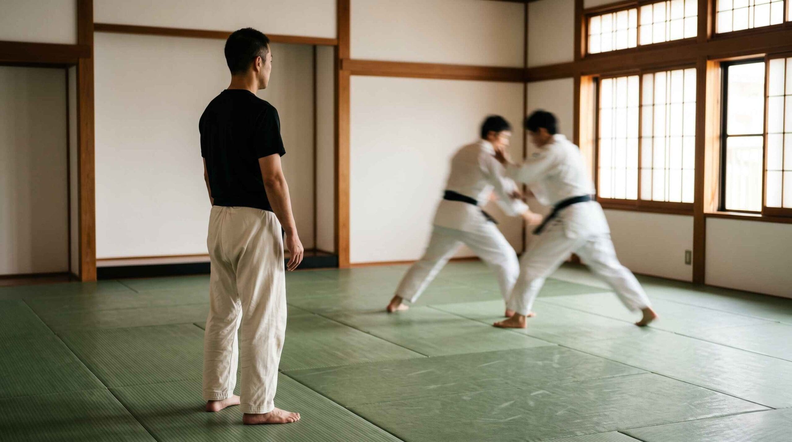 Instructor observing students practicing Tai Chi for beginners in a traditional training hall, focusing on balance, movement, and awareness.