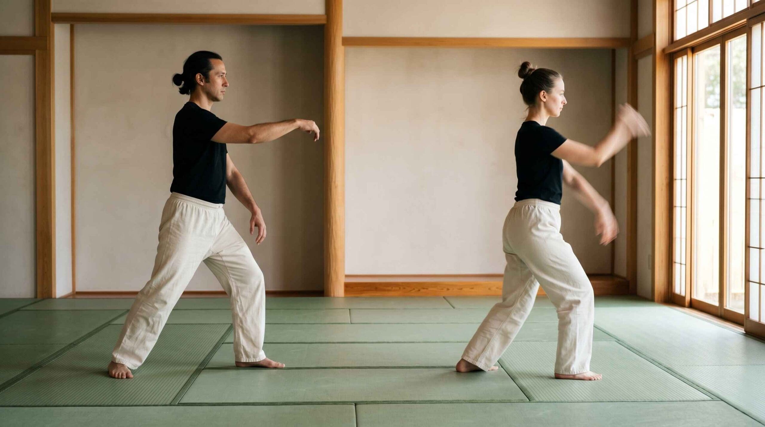 Two beginners practicing slow Tai Chi movements together while learning posture, coordination, and foundational Tai Chi principles.