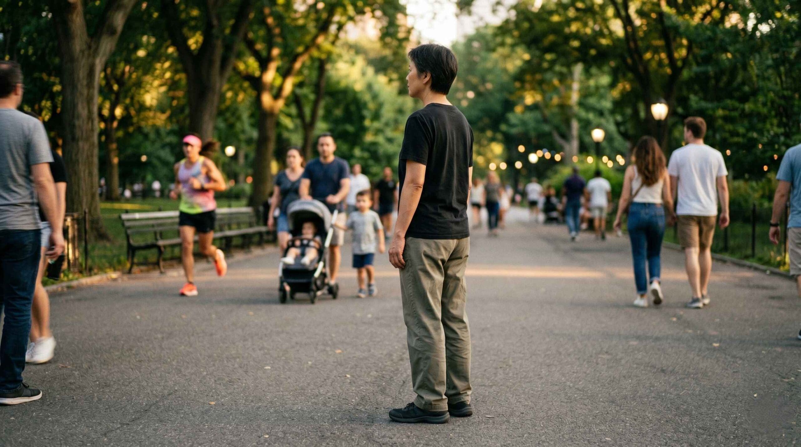 Person practicing mindful awareness in a busy public space, demonstrating how Tai Chi principles apply beyond formal training.