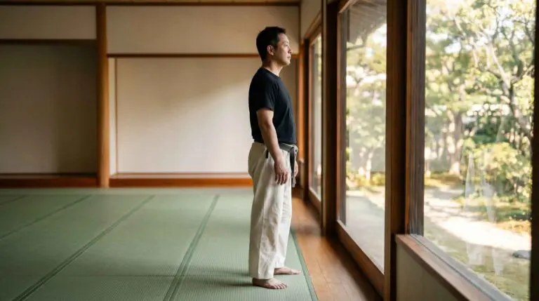 Tai Chi practitioner standing calmly by a window, reflecting the mindfulness, relaxation, and self-awareness developed through daily Tai Chi practice.