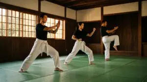 Beginners practicing Karate, Taekwondo, and Tang Soo Do fundamentals, including stances, blocks, and kicking techniques.