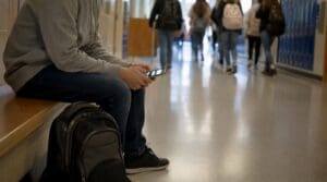 Teen sitting alone in a school hallway, illustrating the isolation and stress teens may experience when being bullied.