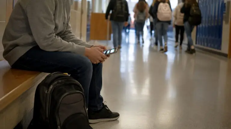 Teen sitting alone in a school hallway, illustrating the isolation and stress teens may experience when being bullied.