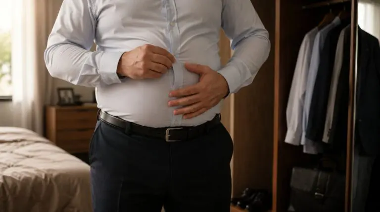 Overweight adult struggling to button a dress shirt before starting a martial arts weight loss journey
