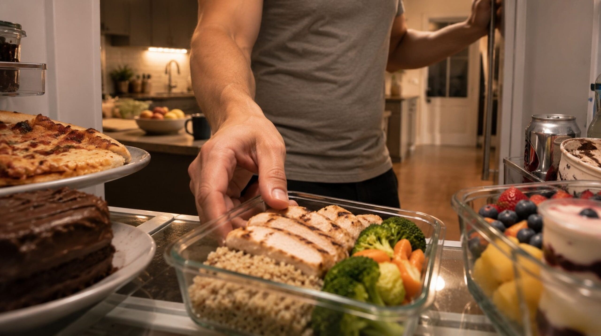 Person choosing a healthy meal over junk food while learning sustainable weight loss habits through martial arts