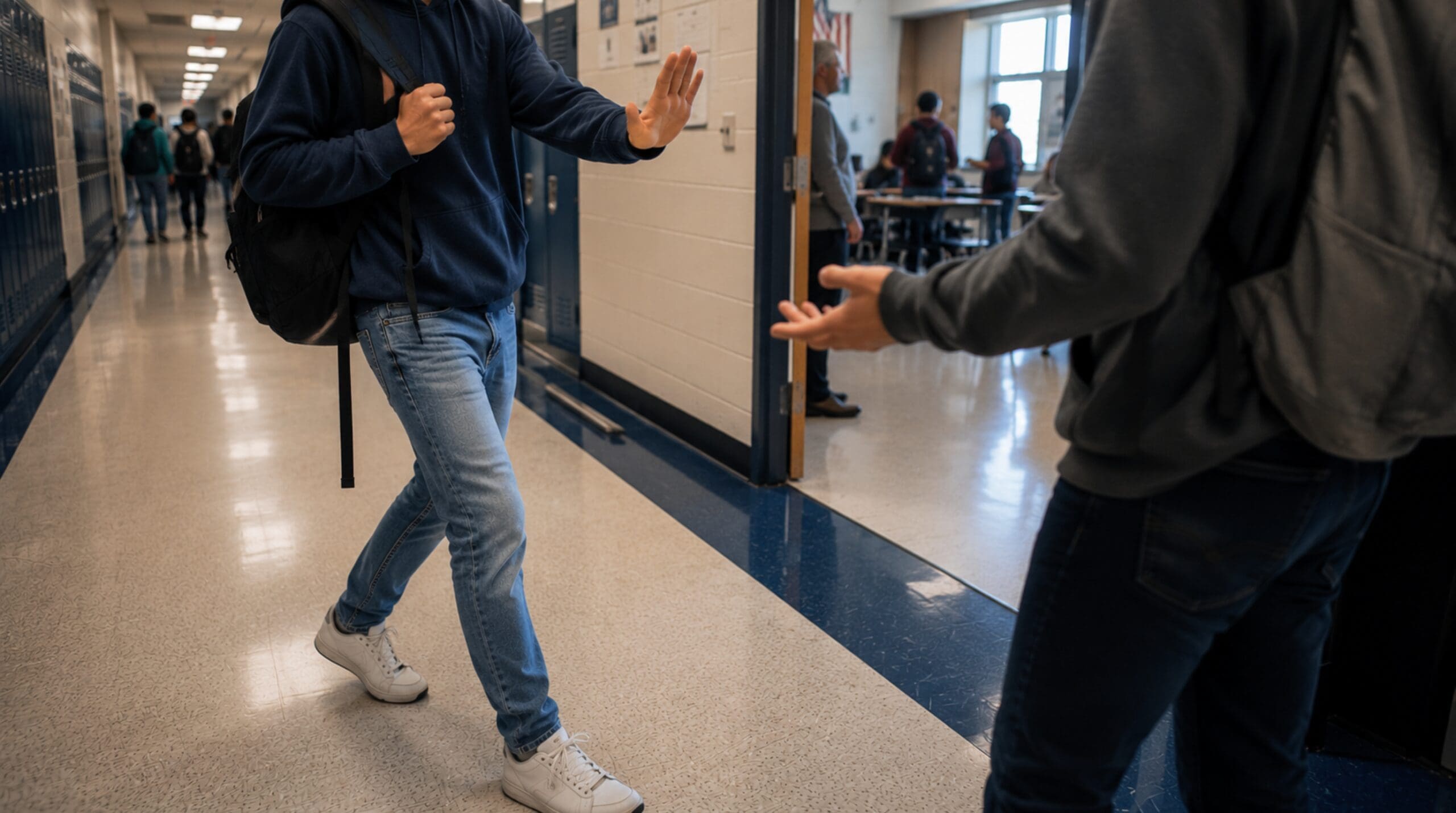Teen using an open-hand boundary gesture during a tense school interaction, illustrating assertiveness and de-escalation when facing bullying.