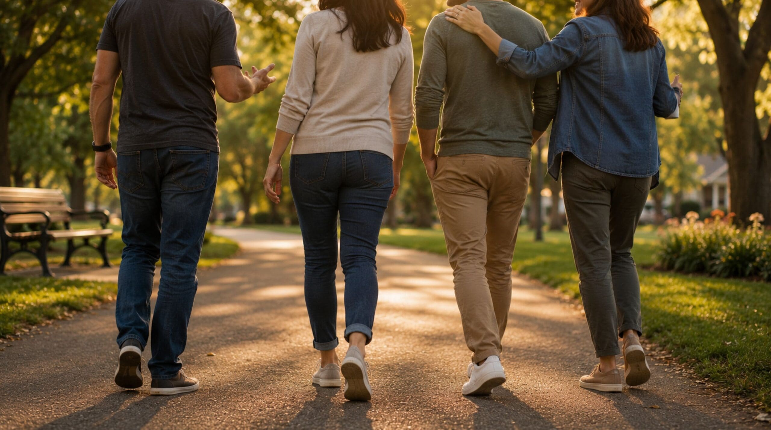 Friends walking together in a park, showing how social support helps maintain healthy weight loss habits