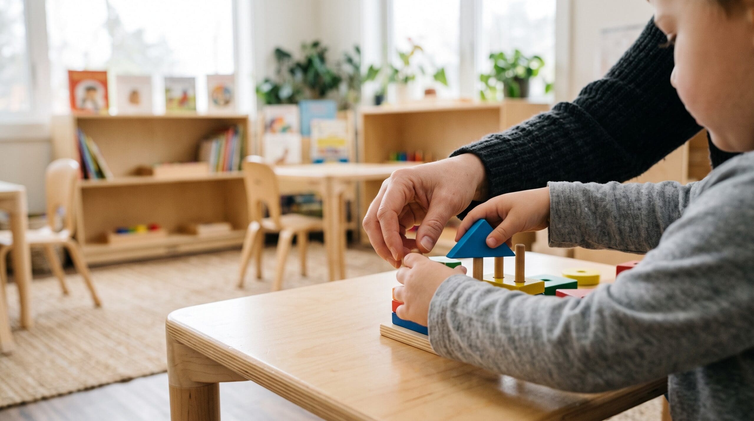 Adult helping a young child build with blocks, illustrating how martial arts supports children with ADHD through patient coaching and structured learning.
