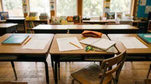 Elementary classroom with learning materials, highlighting that martial arts complements&mdash;not replaces&mdash;school support for children with ADHD.
