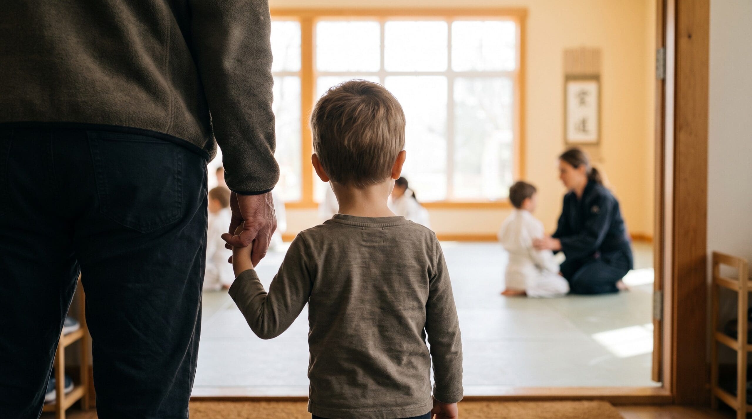Parent bringing a young child to a martial arts class, showing how early training provides structure, confidence, and support for children with ADHD.