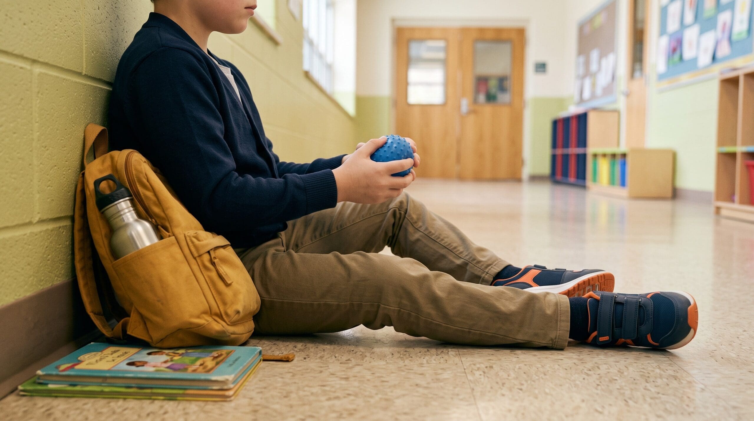 Child sitting quietly with a sensory ball in a school hallway, illustrating self-regulation strategies for children with ADHD during overwhelming moments.