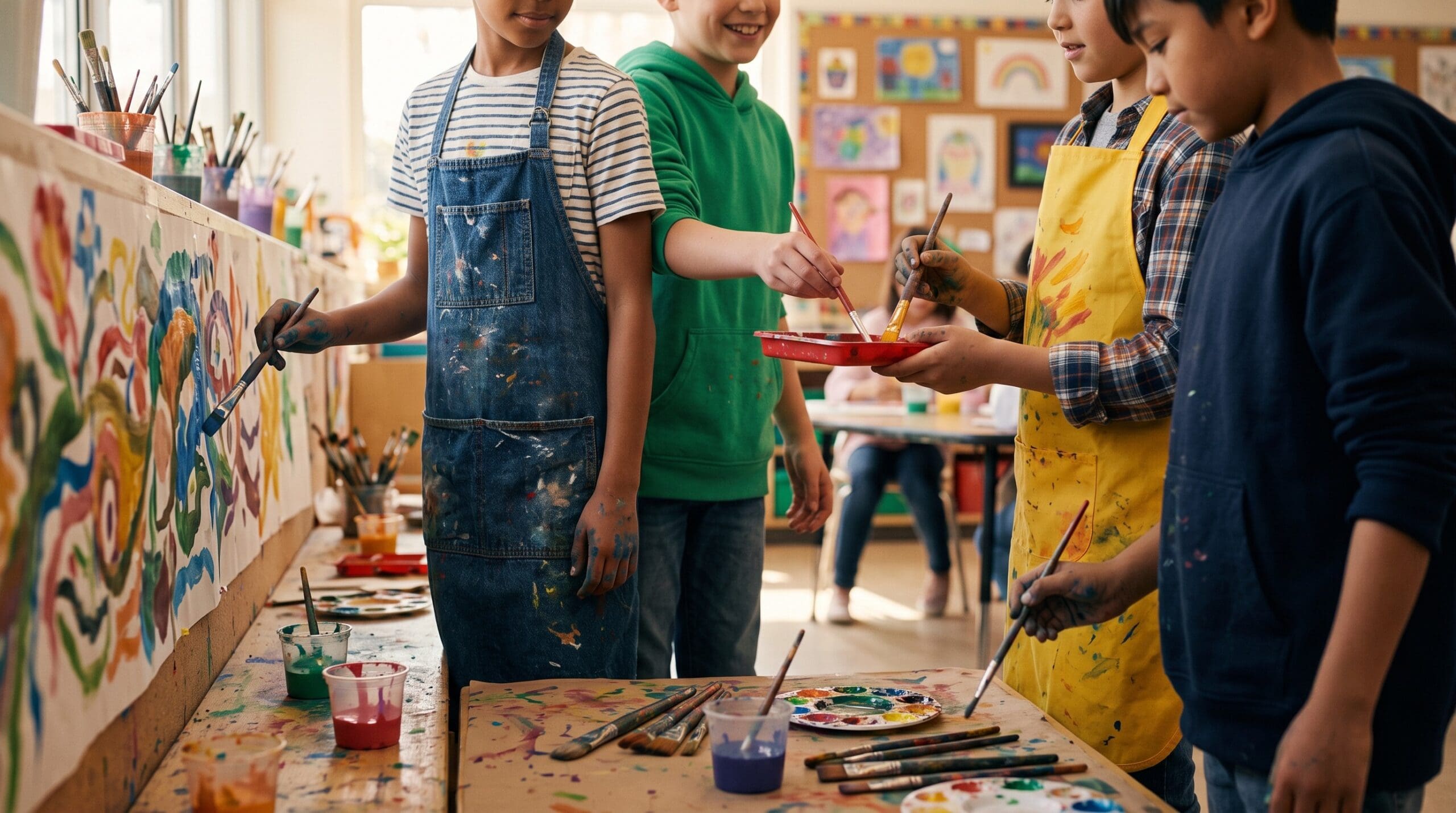 Children working together on an art project, demonstrating how martial arts and group activities help children with ADHD build friendships and social confidence.