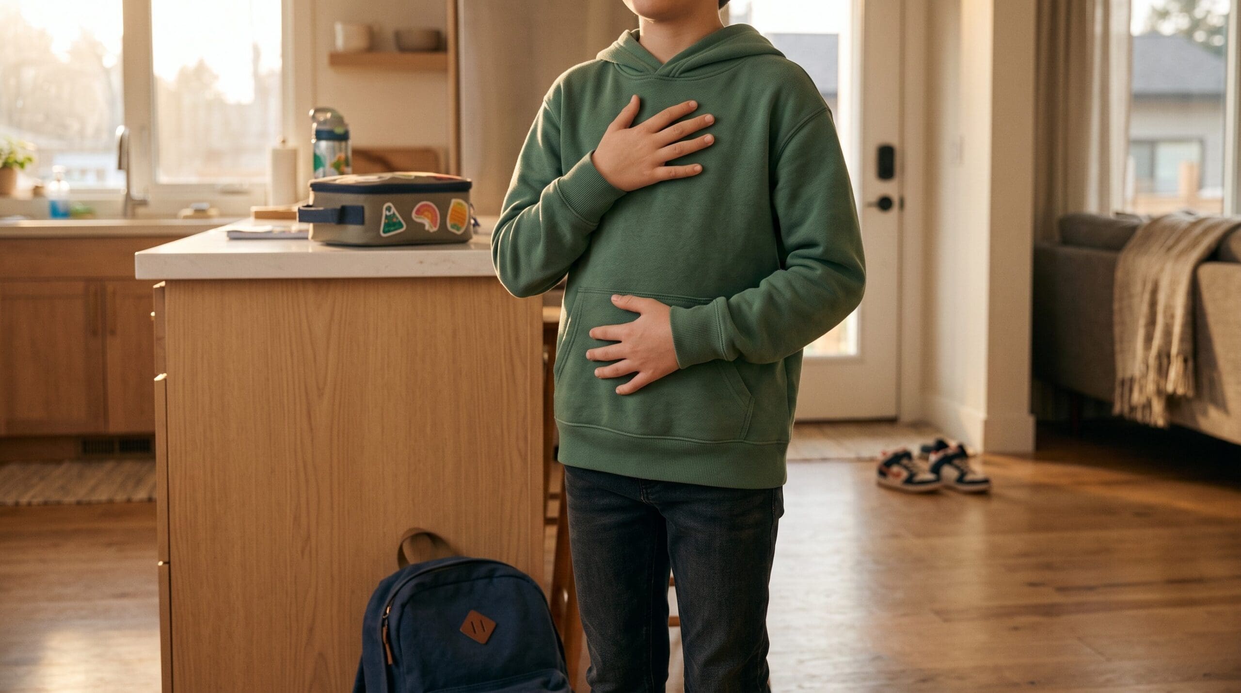 Child practicing mindful breathing with hands on chest and stomach, illustrating body awareness and emotional regulation for children with ADHD.