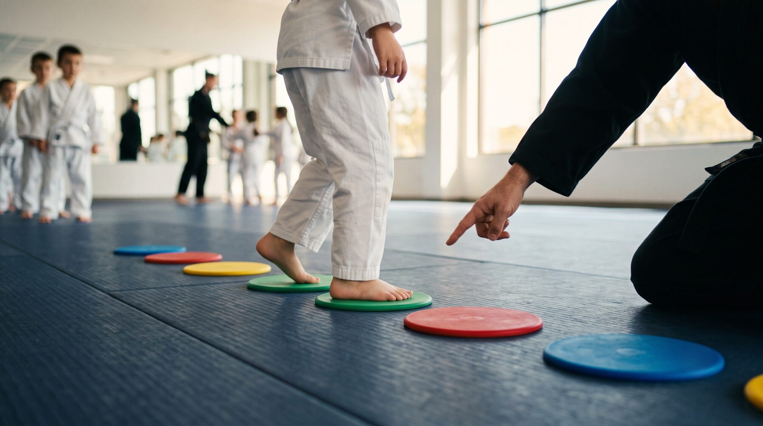 Young martial arts student practicing balance while instructor offers encouragement, building confidence through personal progress instead of comparison.