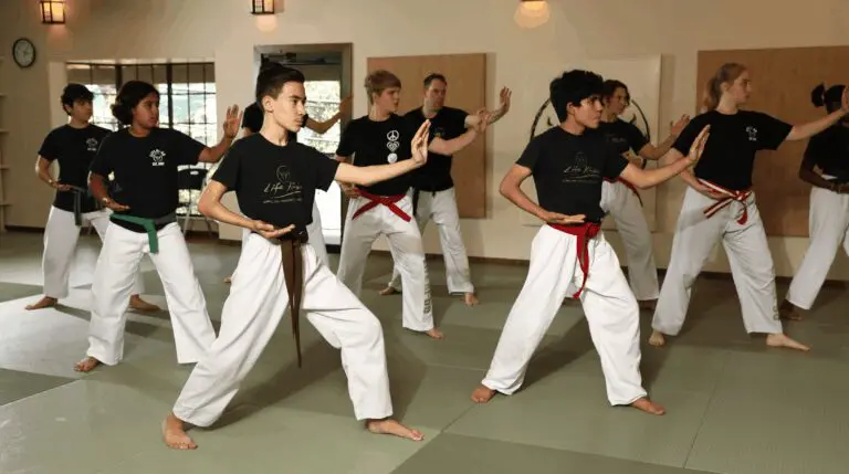 Students of different ages practicing martial arts together in a structured class that builds confidence, focus, and discipline.