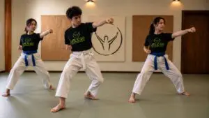 Beginners practicing martial arts as they develop a new skill