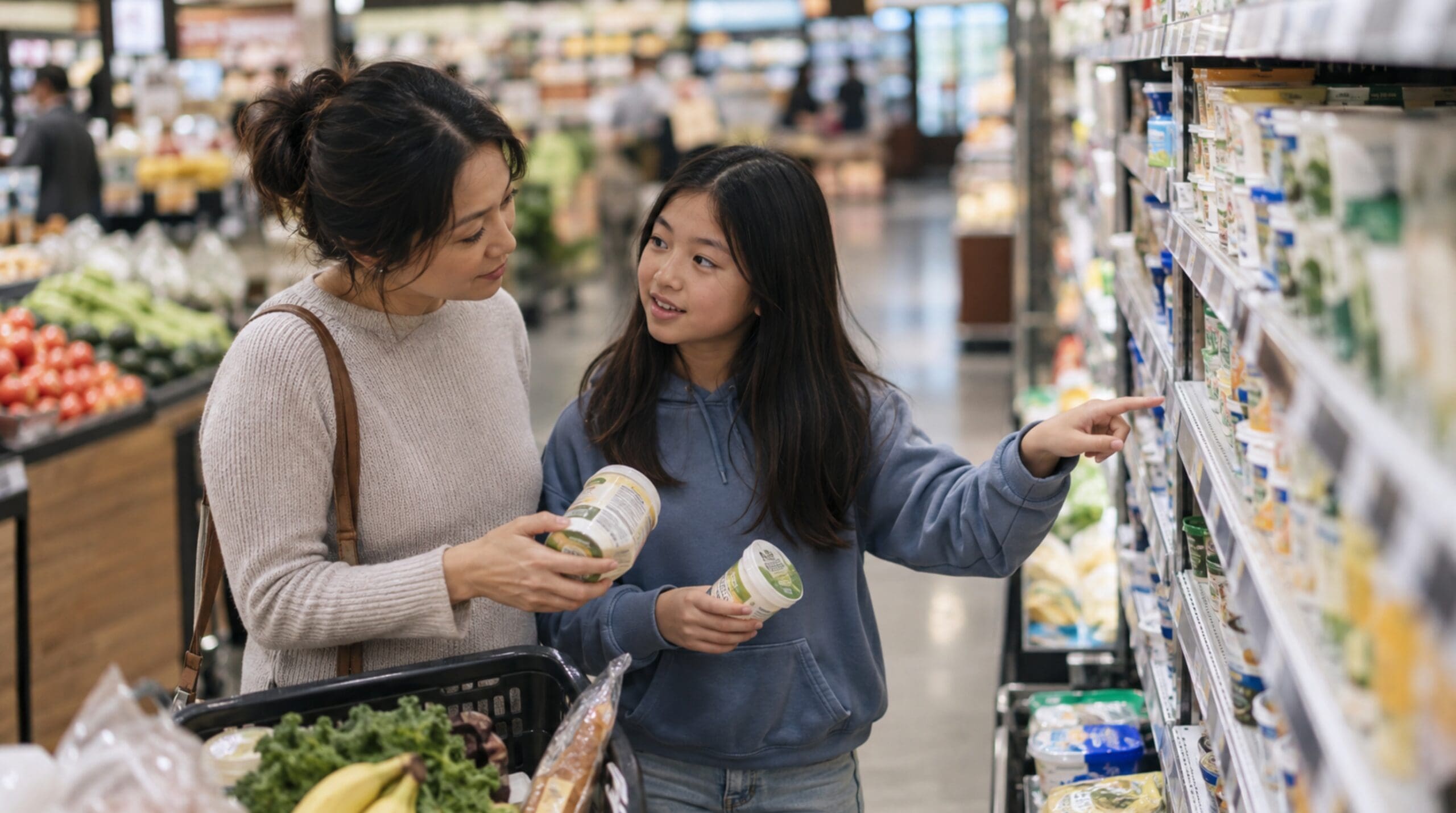 Mother and daughter practicing communication and understanding while grocery shopping