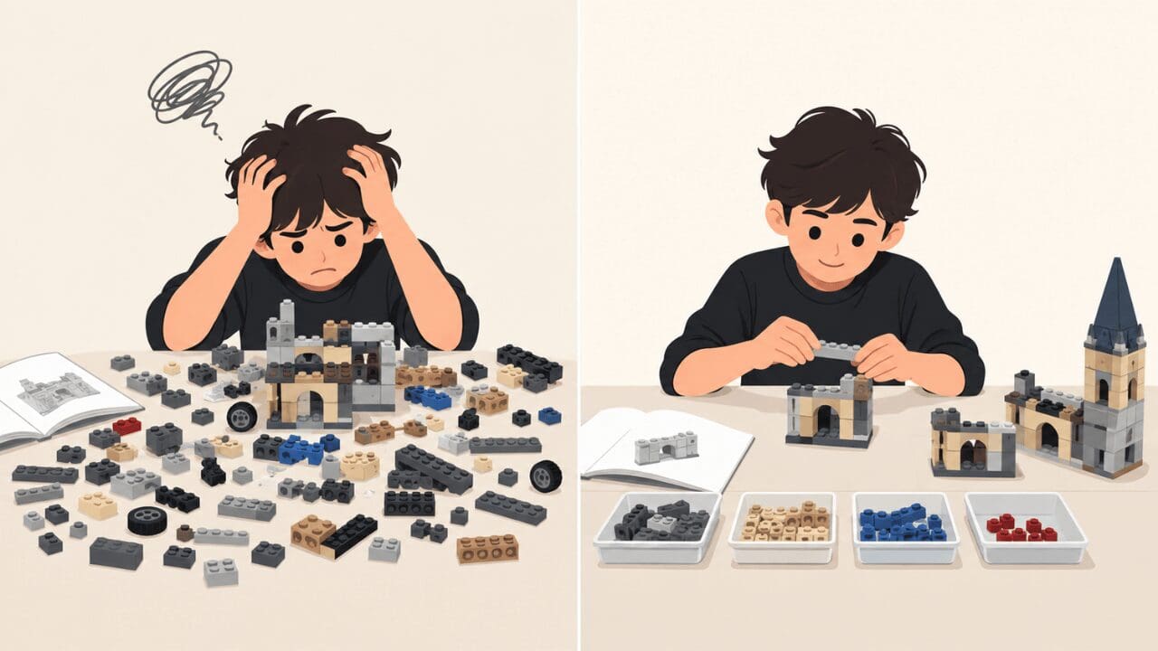 Child struggling with a LEGO build before learning to organize the pieces