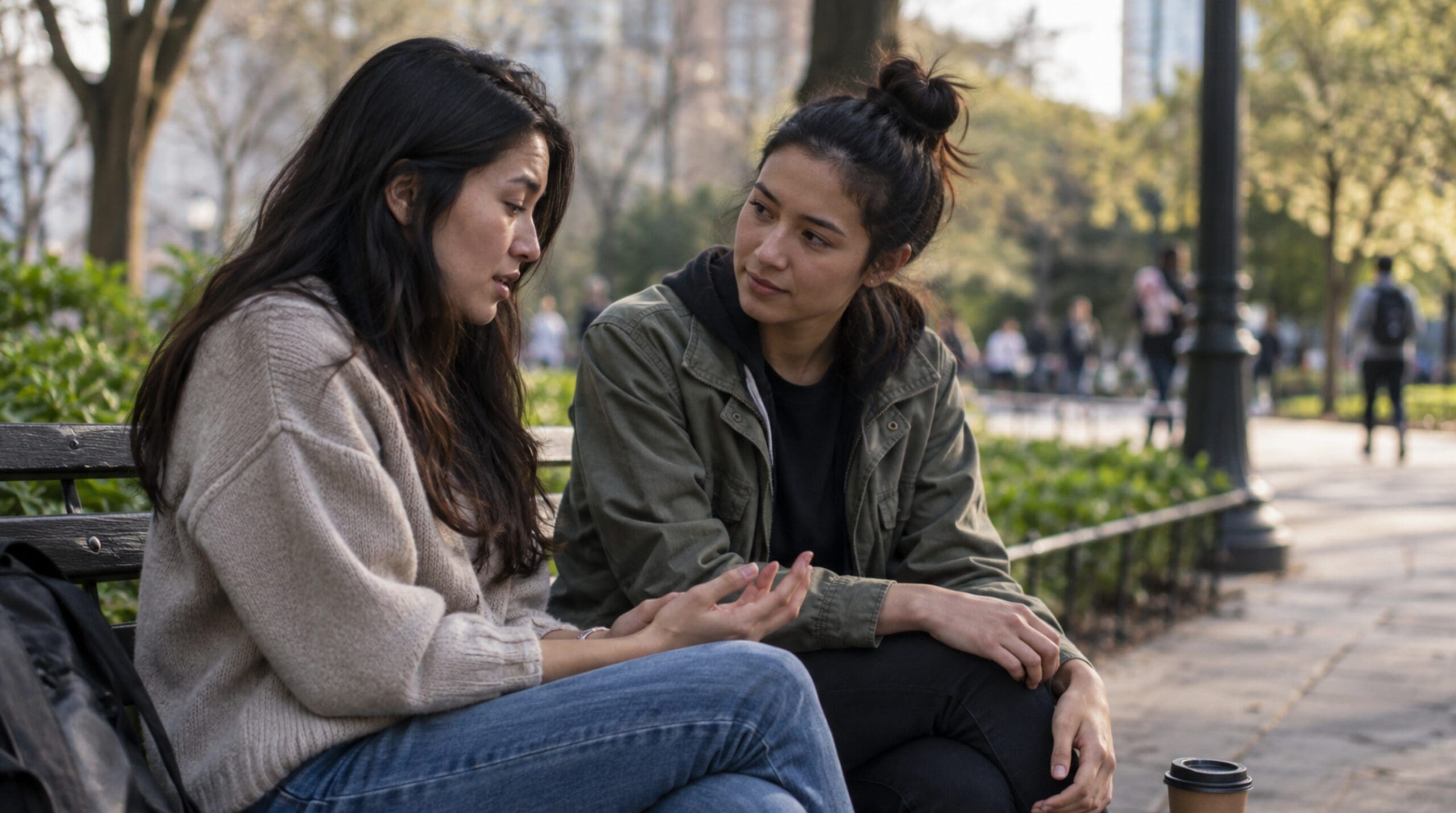 Two friends having an empathetic conversation and listening to each other