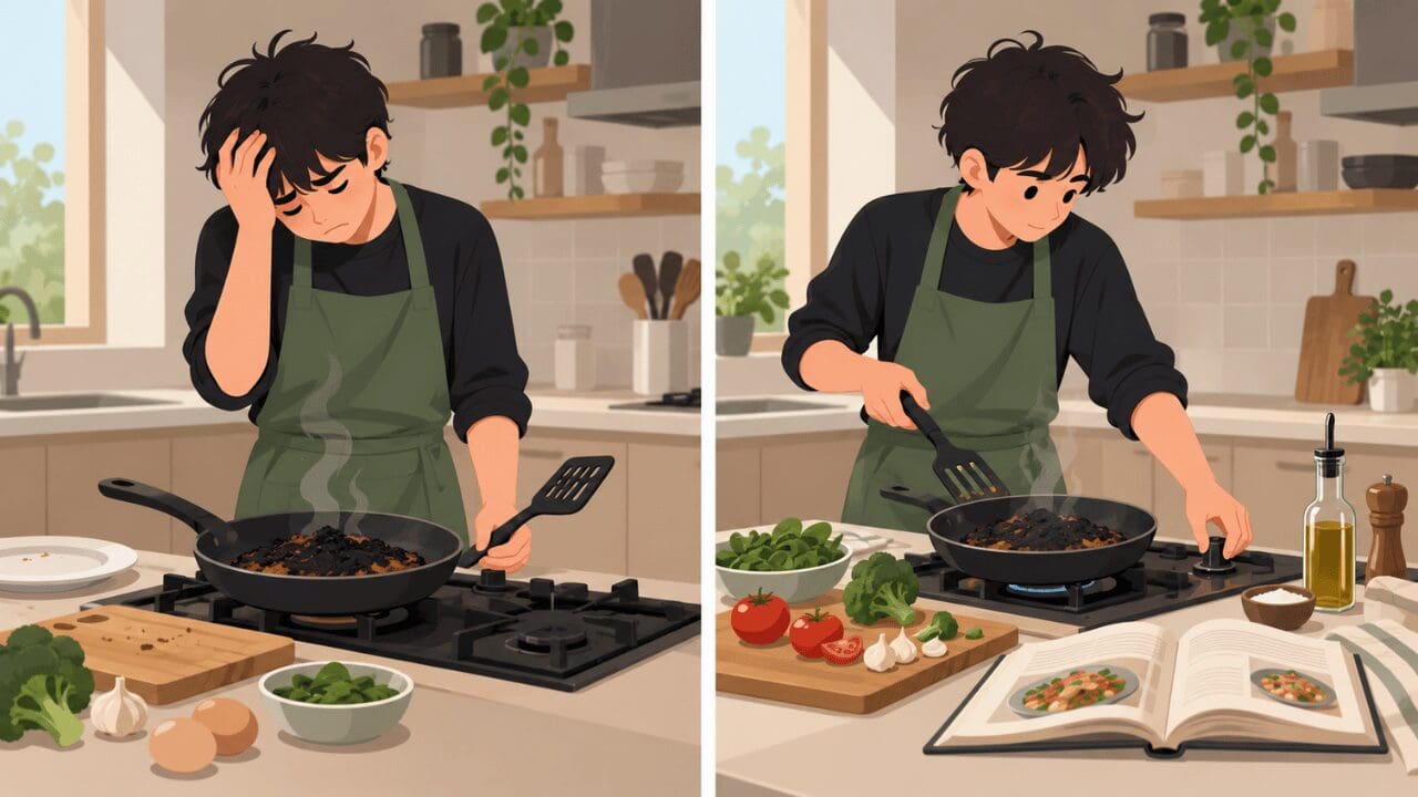 Beginner learning from a cooking mistake and improving with practice