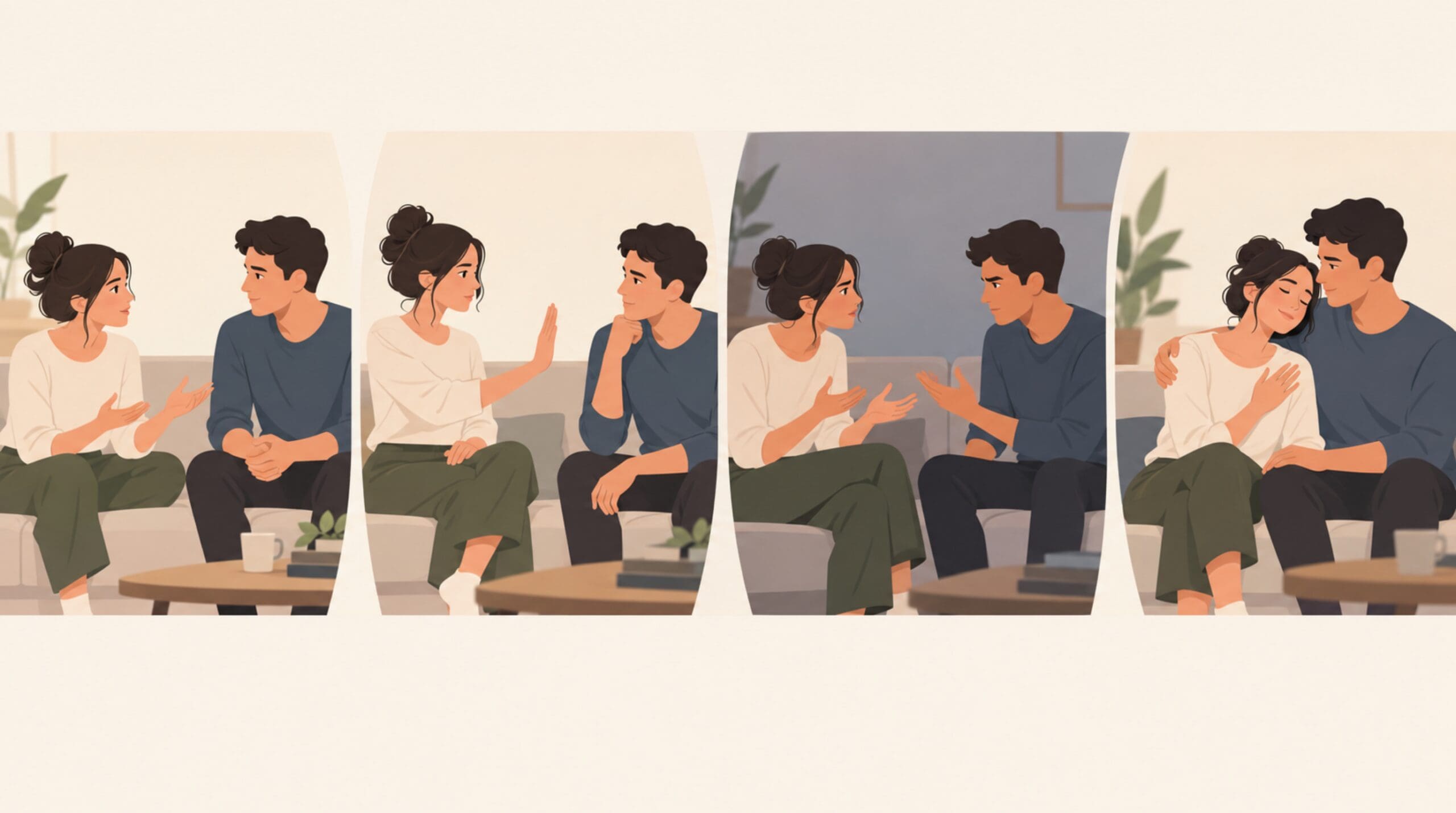 Illustration showing communication, boundaries, conflict resolution, and connection in a healthy relationship
