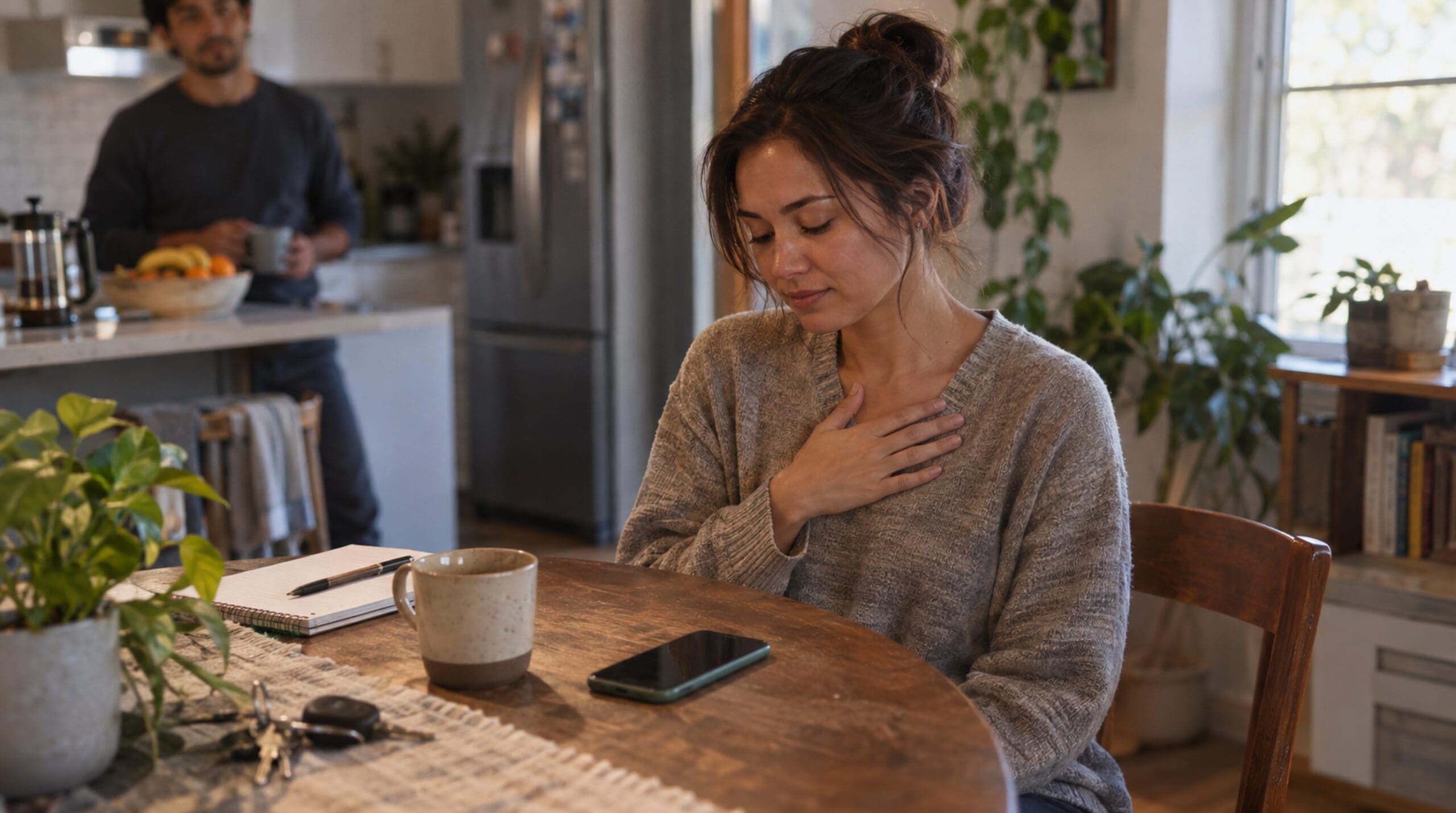 Woman practicing self-awareness and emotional reflection at home