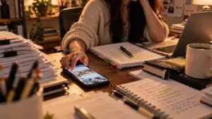 Person checking my phone while working at a busy desk